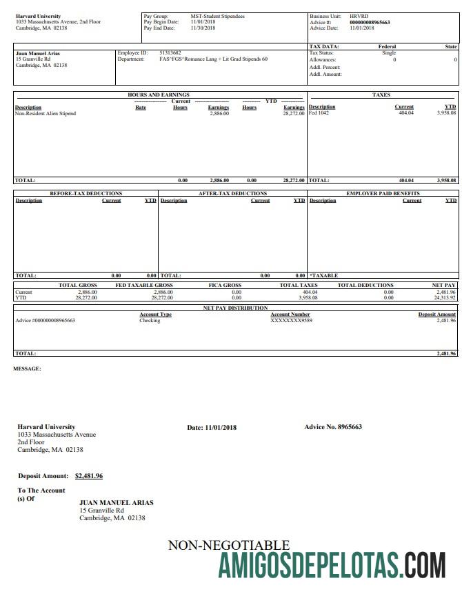 Recibo de pagamento da Universidade de Harvard em formato PDF e Word modelo